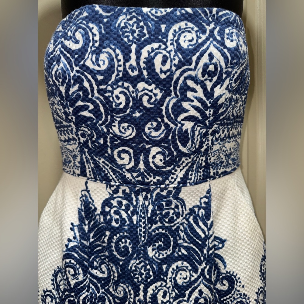 J. Crew Collection Ella Porcelain Paisley Blue White Strapless Dress size 6 - Picture 4 of 13